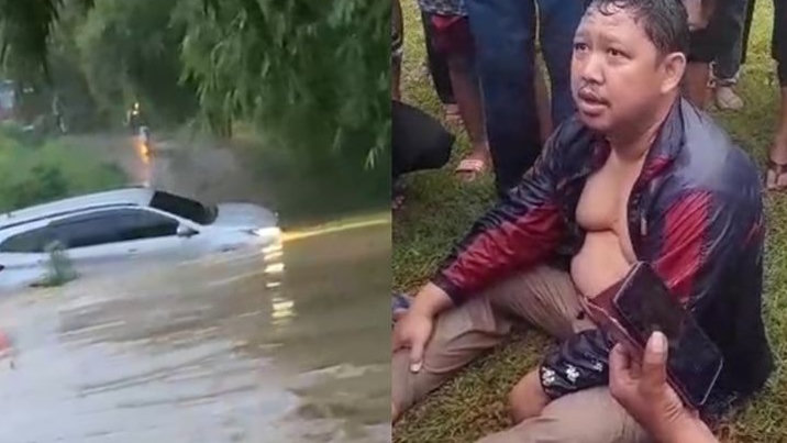Mobil Hanyut Terbawa Air di Setu, Beruntung Pengemudi Selamat